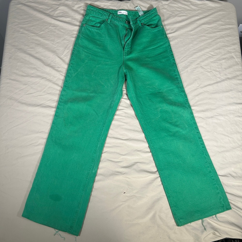 Zara Womens Kelly Green High Waisted Wide Leg Jeans Raw Hem Size 8